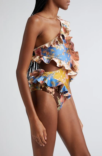 Shop Zimmermann August Asymmetric Ruffle Cutout One-shoulder One-piece Swimsuit In Spliced