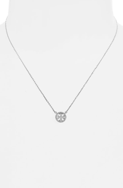 Shop Tory Burch Pavé Logo Pendant Necklace In Tory Silver/ Crystal