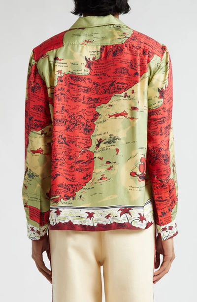 Shop Bode Guam Print Long Sleeve Silk Button-up Shirt In Green Red