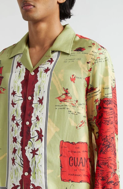 Shop Bode Guam Print Long Sleeve Silk Button-up Shirt In Green Red