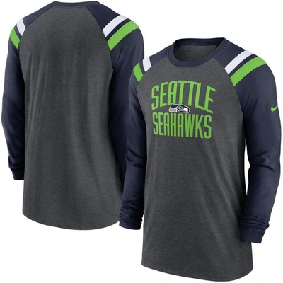 Shop Nike Heathered Charcoal/college Navy Seattle Seahawks Tri-blend Raglan Athletic Long Sleeve Fashion  In Heather Charcoal