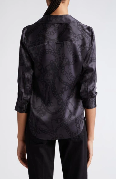 Shop L Agence Dani Three-quarter Sleeve Silk Button-up Shirt In Black Allover Chain