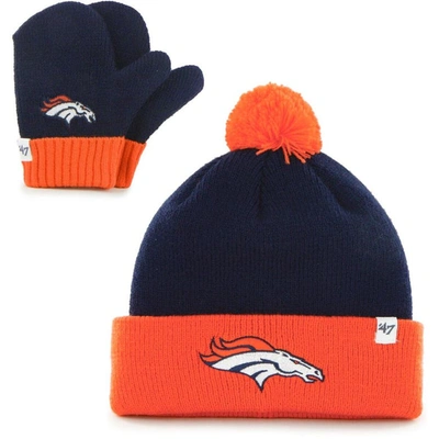 Shop 47 Toddler ' Navy/orange Denver Broncos Bam Bam Cuffed Knit Hat With Pom And Mittens Set