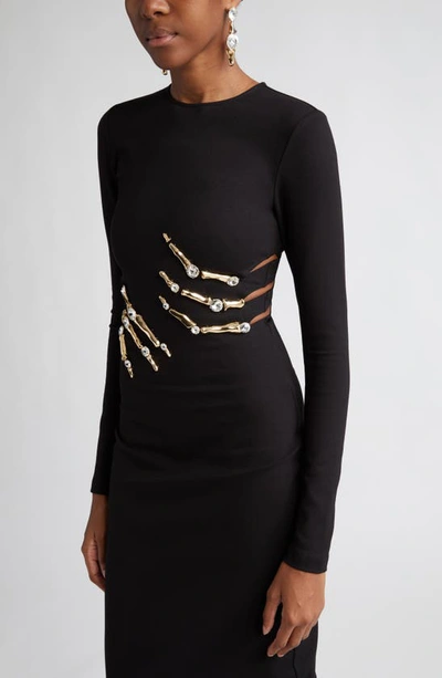 Shop Area Crystal Claw Cutout Long Sleeve Ponte Knit Gown In Black