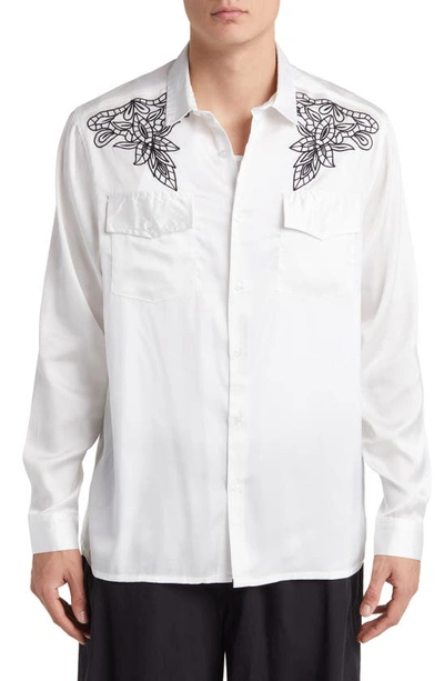 Shop Asos Design Western Relaxed Fit Embroidered Satin Button-up Shirt In White