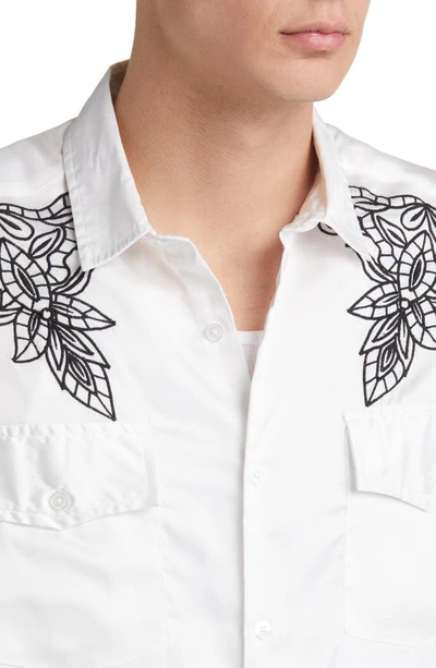 Shop Asos Design Western Relaxed Fit Embroidered Satin Button-up Shirt In White