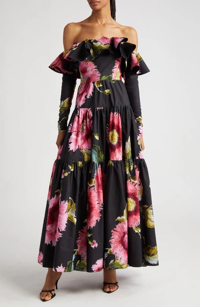 Shop Giambattista Valli Floral Off The Shoulder Long Sleeve Cotton Dress In Black/ Rose