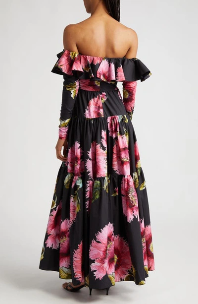 Shop Giambattista Valli Floral Off The Shoulder Long Sleeve Cotton Dress In Black/ Rose