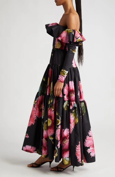 Shop Giambattista Valli Floral Off The Shoulder Long Sleeve Cotton Dress In Black/ Rose