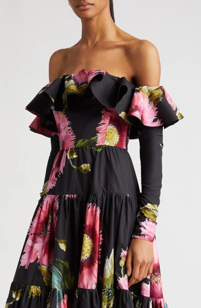 Shop Giambattista Valli Floral Off The Shoulder Long Sleeve Cotton Dress In Black/ Rose