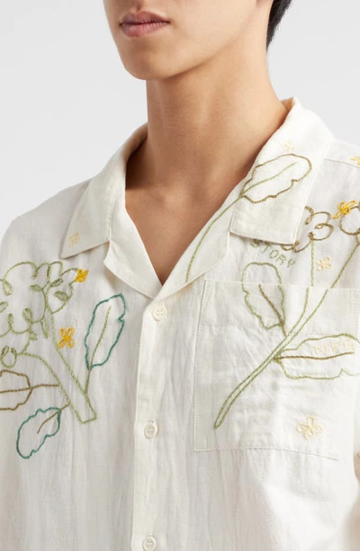 Shop Story Mfg. Greetings Floral Embroidered Cotton & Linen Camp Shirt In Ecru Broccoli