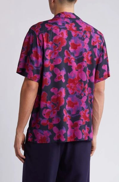 Shop Open Edit Blot Bloom Floral Camp Shirt In Navy- Purple Blot Bloom