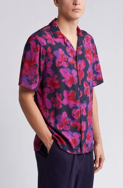 Shop Open Edit Blot Bloom Floral Camp Shirt In Navy- Purple Blot Bloom