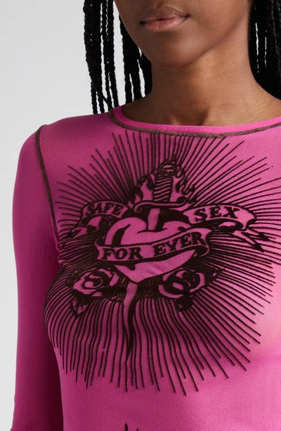 Shop Jean Paul Gaultier Tattoo Print Semisheer Tulle Top In Shocking Pink