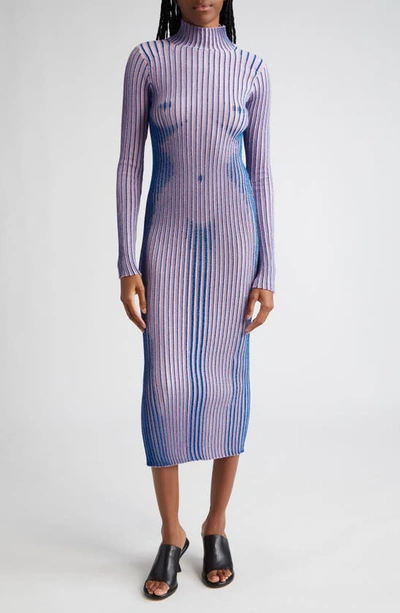 Shop Jean Paul Gaultier Body Morph Metallic Trompe L'oeil Merino Wool Blend Rib Sweater Dress In Pink/ Blue
