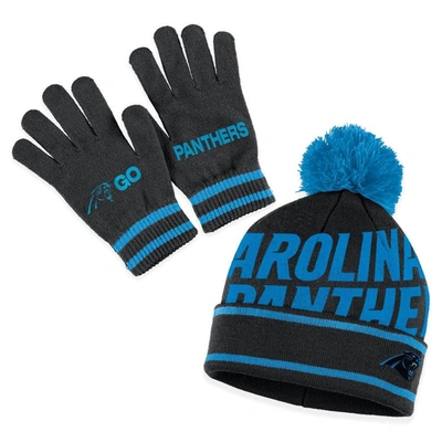 Shop Wear By Erin Andrews Black Carolina Panthers Double Jacquard Cuffed Knit Hat With Pom And Gloves Se