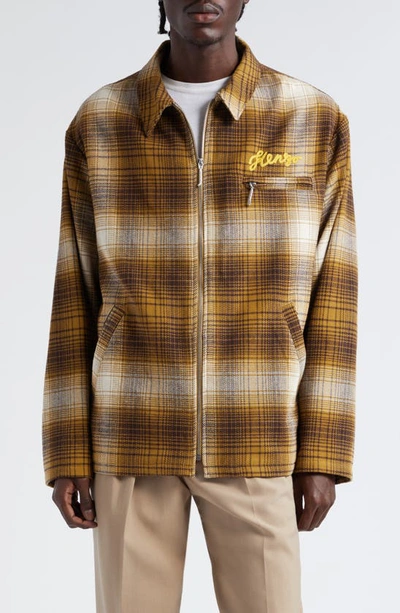 Shop Kenzo Plaid Zip Cotton Shirt Jacket In Dark Brown