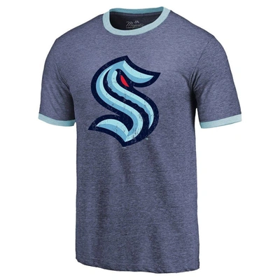 Shop Majestic Threads Heathered Deep Sea Blue Seattle Kraken Ringer Contrast Tri-blend T-shirt In Navy