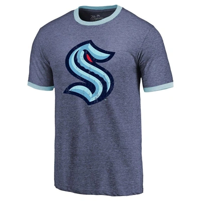 Majestic Threads Heathered Deep Sea Blue Seattle Kraken Ringer Contrast Tri-blend T-shirt In Navy