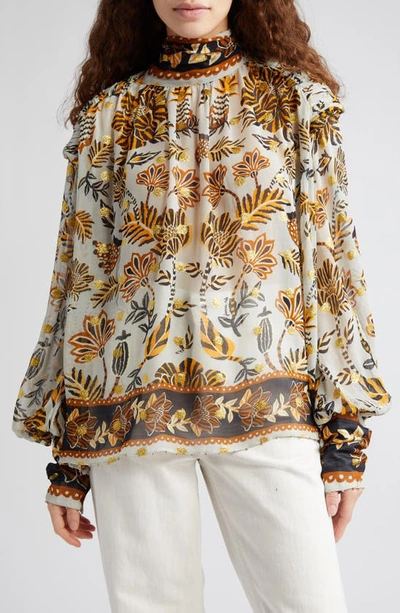 Shop Farm Rio Metallic Floral Beehive Tapestry Long Sleeve Blouse In Silver