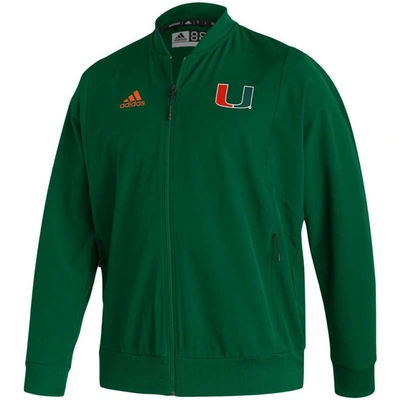 Shop Adidas Originals Adidas Green Miami Hurricanes 2021 Sideline Woven Primeblue Full-zip Bomber Jacket In Hunter Green