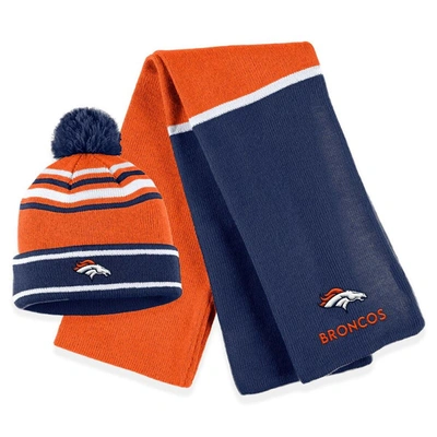 Shop Wear By Erin Andrews Orange Denver Broncos Colorblock Cuffed Knit Hat With Pom And Scarf Set