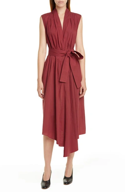 Shop Adam Lippes Belted Asymmetrical Voile Midi Dress In Rust