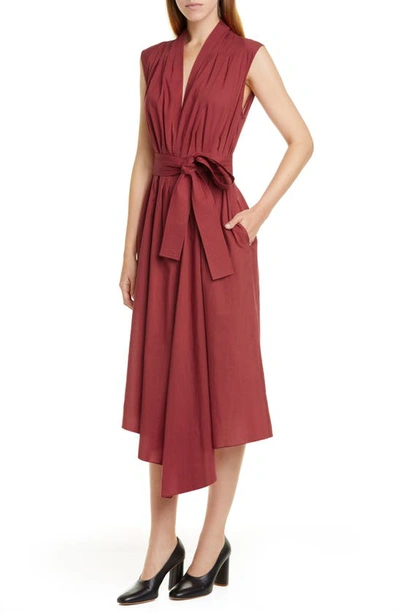 Shop Adam Lippes Belted Asymmetrical Voile Midi Dress In Rust