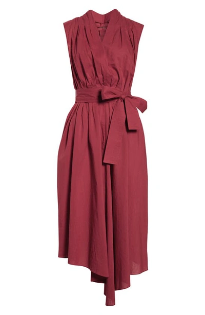 Shop Adam Lippes Belted Asymmetrical Voile Midi Dress In Rust