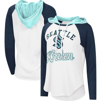 Shop G-iii Sports By Carl Banks White/deep Sea Blue Seattle Kraken Mvp Raglan Lightweight Hooded T-shirt