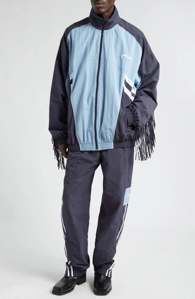 Shop Martine Rose Oversize Colorblock Fringe Trim Logo Embroidered Track Jacket In Navy/ Blue