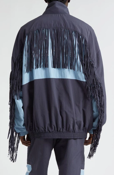 Shop Martine Rose Oversize Colorblock Fringe Trim Logo Embroidered Track Jacket In Navy/ Blue