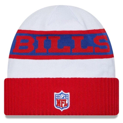 Shop New Era White/red Buffalo Bills 2023 Sideline Tech Cuffed Knit Hat