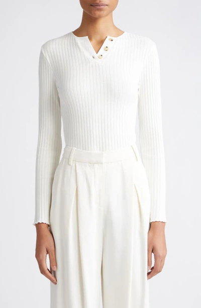 Shop Vince Cotton Blend Rib Henley Sweater In Off White