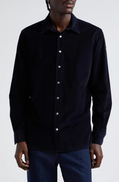 Shop Moncler Leather Logo Patch Corduroy Snap-up Shirt In Navy Blue