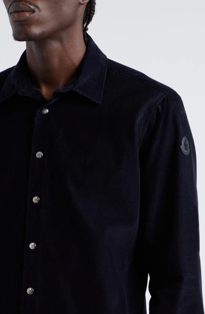 Shop Moncler Leather Logo Patch Corduroy Snap-up Shirt In Navy Blue