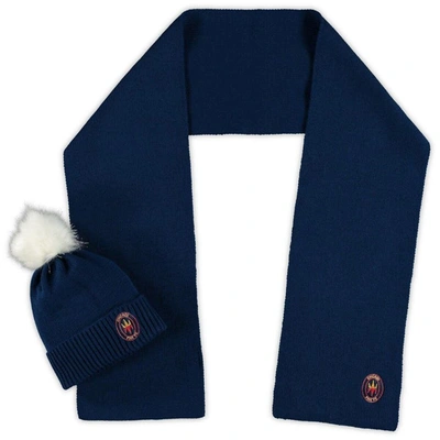 Shop Zoozatz Chicago Fire Fuzzy Cuffed Pom Knit Hat And Scarf Set In Navy