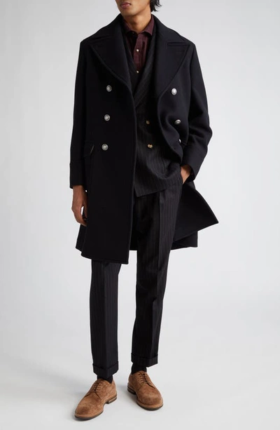 Shop Brunello Cucinelli Chalk Stripe Double Breasted Virgin Wool Flannel Suit In C003-black