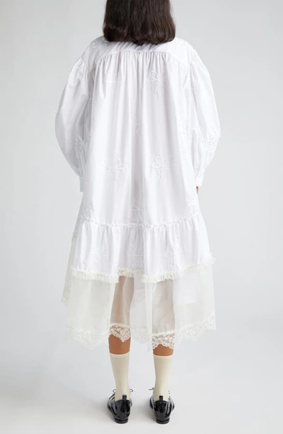 Shop Simone Rocha Asymmetric Floral Embroidered Bow Detail Cotton Babydoll Midi Dress In White/ White