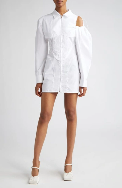 Shop Jacquemus The Galliga Asymmetric Zip Front Long Sleeve Shirtdress In White