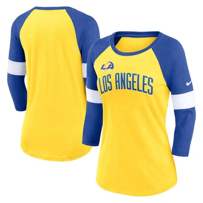 Shop Nike Los Angeles Rams Heather Gold/heather Royal Football Pride Raglan 3/4-sleeve T-shirt