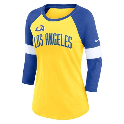 Shop Nike Los Angeles Rams Heather Gold/heather Royal Football Pride Raglan 3/4-sleeve T-shirt