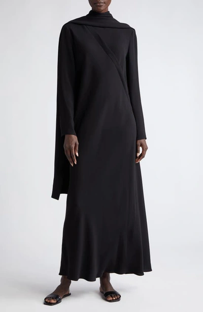 Shop The Row Pascal Scarf Detail Long Sleeve Silk Crepe Dress In Black