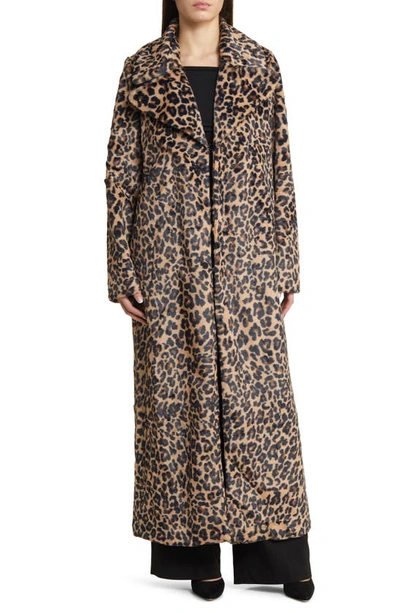 Shop Something New Lola Leopard Spot Faux Fur Long Coat In Tan Aop Leo Aop