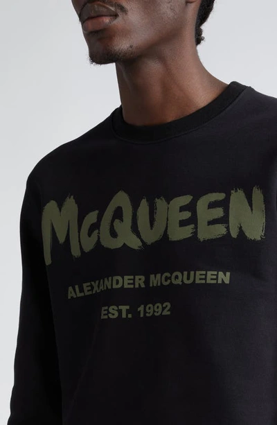 Shop Alexander Mcqueen Graffiti Logo Cotton Graphic Sweatshirt In Black/ Khaki