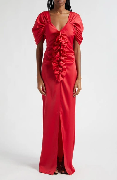 Shop Oríré Suss Ruched Sleeve Ruffle Satin Dress In Red