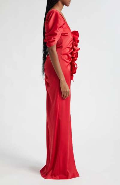 Shop Oríré Orire Suss Ruched Sleeve Ruffle Satin Dress In Red