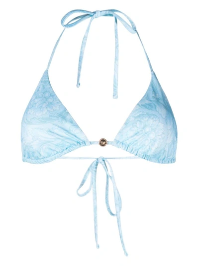 Shop Versace Barocco Print Bikini Top In Blue