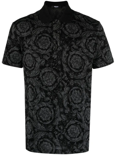 Shop Versace Polo Shirt With Pattern In Grey