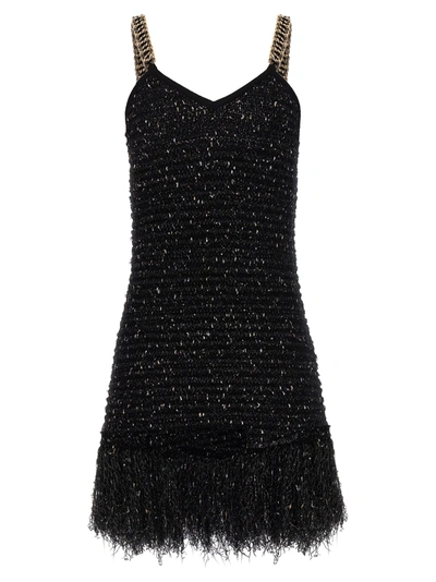Shop Balmain Fringed Lurex Tweed Dress Dresses Black